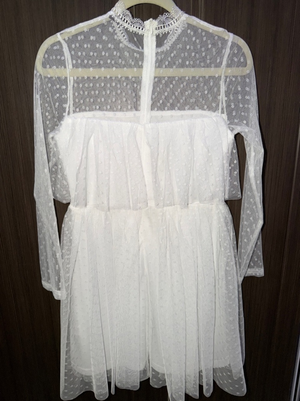 Sheer White Polka-Dot Midi Dress with Lace Collar - Picture 3 of 3
